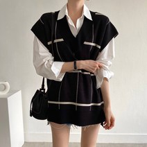 공이샵 여성 루즈핏 체크 니트 조끼 브이넥 베스트