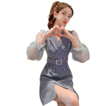 Crzen 여자 긴팔 원피스 벨트 V넥 원피스 블루 정장 원피스 23N615