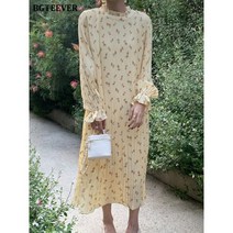 여성 린넨 원피스 롱 스커트 데님 빅싸이즈 비치웨어 정장 BGTEEVER-우아한 스탠드 칼라 꽃 프린트 플레어 소매 주름 드레스 여성용 봄 여름