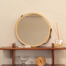 앤틱 디자인 카페 인테리어 스트랩 벽걸이 원형 거울, 우드, 우드