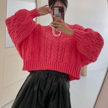 옷자락 여자 박시 네온 울스웨터 꽈배기 크롭 가오리 니트