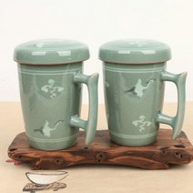 청자상감 운학 뚜껑 긴머그다기세트(2인구성)