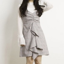 리피니피 체크 프릴 뷔스티에 플레어 A라인 미니 원피스