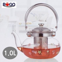 BOGO 보고 유리주전자 1.0L(스텐망) 미니유리포트 내열유리 망주전자 직화, (스텐망), 1000ml