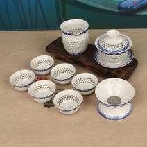 청화백자 연화문 투각 다기세트 小