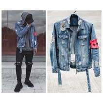 차쿠 남자 찢어진 레드 안장 손자수 데님 청자켓