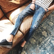 피피샾 9부 스크레치 데미지 청바지(진청)