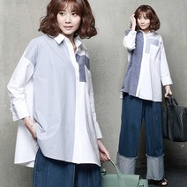 하루메이비 A63 스트라이프 배색 루즈핏 롱 셔츠