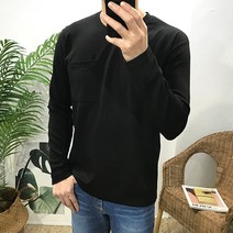 이루네 남자 가벼운 포켓 라운드 긴팔 티셔츠