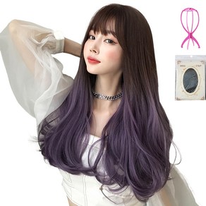 하이유니 옴브레 롤 펌 헤어 통가발 56cm + 가발망 + 거치대 세트, 1세트, 옴브레애쉬퍼플(가발), 랜덤발송(거치대)