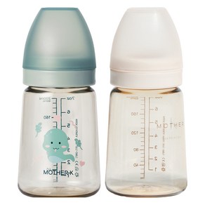 마더케이 베이직 PPSU 뱀뱀 젖병 180ml + 무꼭지 180ml 세트, 민트, 크림, 1세트