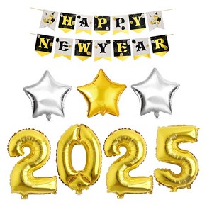 은박풍선 2025 + happy new yea 가랜드 + 별 파티풍선 골드 + 실버 2p 세트, 골드(2025,별풍선), 화이트(가랜드), 실버(별풍선), 1세트