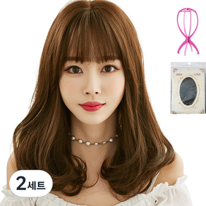 하이유니 시스루 뱅 허그 롤 펌 중단발 헤어 통가발 45cm + 가발망 + 거치대 세트, 허니브라운(가발), 랜덤발송(거치대), 2세트