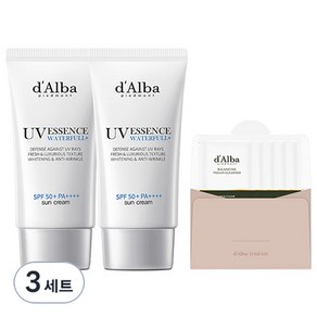 [비건뷰티] 달바 워터풀 에센스 선크림 SPF50+PA++++ 50ml x 2p+ 밸런싱 비건 젤 클렌저 3ml x 5p, 3개
