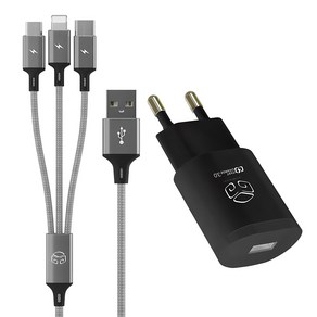 디지지 퀼컴 3.0 고속 충전 아답터 USB 1포트 18W + 3 IN 1 스카이 메타 멀티케이블 120cm