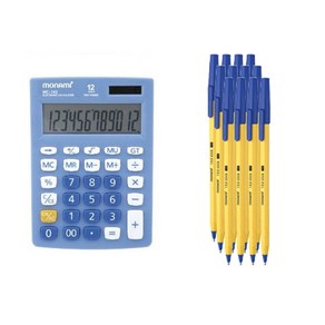 모나미 계산기 MC-102 + 153 스틱 1.0 12p 세트, 혼합색상(계산기), 블루(볼펜), 1세트