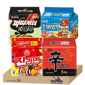 블루존 오뚜기 농심 팔도 봉지라면4종세트 (신라면5P + 진라면 5P + 짜파게티(더블랙)4P+ 팔도비빔면5P), 1세트