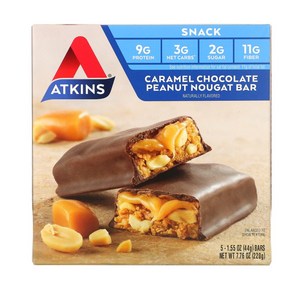 Atkins 스낵 캐러멜 초콜릿 땅콩 누가 바 5개입 개당 44g(1.55oz) 1팩, 1개, 220g