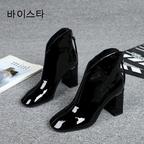 바이스타 여자 통굽 라운드 에나멜 뒤지퍼 힐 앵클부츠 8cm