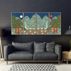 [그림닷컴] 일월오봉도 4폭 액자세트 손유영 작가 민화 그림액자, 124x60cm, 마운팅블랙