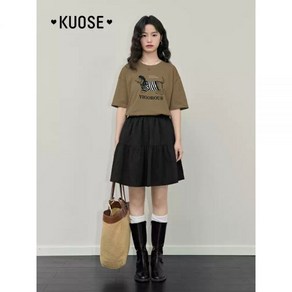 KUOSE 쿠오세티셔츠 레트로 강아지 갈색 루즈핏 반팔 캐주얼