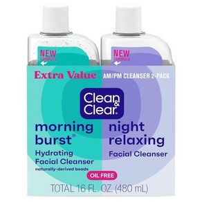 Clean Clea 데이 나이트 데일리 페이스 클렌저 2팩 모닝 버스트 하이드레이팅 페이셜 클렌저 나이트 릴, 2개, 480ml