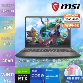 MSI 노트북 크리에이터 Z16 HX Studio B13VFTO-i9 WIN 11 PRO 탑재 업무용 가성비 노트북 고성능 게이밍 노트북, WIN11 Po, 16GB, 1TB, 코어i9, 그레이