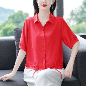 플리츠블라우스 블라우스셔츠 여성 밑단 리본 스트링 셔츠