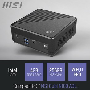 MSI Cubi N100 ADL, 블랙, RAM 4GB+NVMe 256GB, WIN11 Po, 256GB