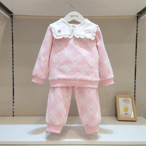 [아가방]논현점* 화사한 핑크컬러 앞 프릴카라로 러블리한 디자인/ 튤립 체크 쟈가드 상하복/ 활동하기 편안한 등원룩