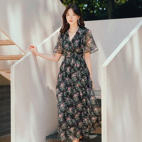 시크 (~XXL까지) 쿨렌 윙슬리브 로즈 가든 쉬폰 랩 피스 여름 패턴피스 쉬폰피스 바캉스룩 휴가룩 롱피스 558668, F, [CLOB-O-124]블랙