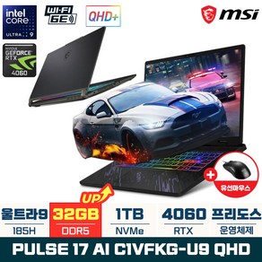 MSI 펄스 17 AI C1VFKG-U9 QHD 인텔 ULTRA 9 185H RTX 4060 QHD+ 17인치, Fee DOS, 32GB, 1TB, 블랙