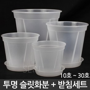 투명 슬릿 화분 + 받침 세트 - 슬릿분 투명 식물 플분 플라스틱 분갈이 중형 난 다육 장미 인테리어 홈가드닝 거실 베란다 매장