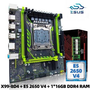 ZSUS X99-8D4 마더보드 세트 키트 인텔 LGA2011-3 제온 E5 2650 V4 CPU DDR4 16GB 116GB 2133MHZ RAM 메모리 NVME M.2 SATA, 2) 마더 보드  CPU, 1개