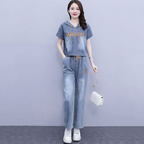 ROYALBELLE 여성 데님 상하세트 루즈핏 후드 반팔 티셔츠 캐주얼룩 와이드 반바지 V22807