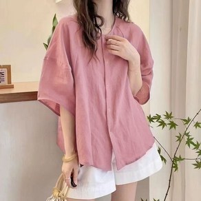 여성 여름 캐주얼 빈티지 면마 반팔 솔리드 셔츠 5부 소매 가디건 블라우스