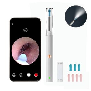 KUAHAI 2000W 고화질 내시경 귀이개 무선 LED 조명 귀파개 스마트 카메라 귀이개 일체형 귀후비개 소프트헤드 Type-C충전, 흰색, 1개