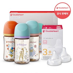 더블하트 모유실감 3세대 PPSU 디어프렌즈 트리플팩 240ml+젖꼭지(2입), 3세대 젖꼭지M, 1개, 트리플팩 (서커스베어&블루밍가든&하늘을날꼬양)