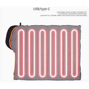 GUOER 캠핑 발열침낭 차박용 온열 열선침낭 USB/type-c 전원 공급 블랙-오렌지, 1개