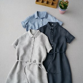 Sopci여성 린넨 원피스 셔츠넥 면마 치마기본 반팔티셔츠