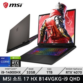 MSI 2024 스워드 17 HX 코어i9 인텔 14세대 지포스 RTX 4070, 코스모스 그레이 + 블랙, 1TB, 32GB, Fee DOS, Swod 17 HX B14VGKG-057XKR