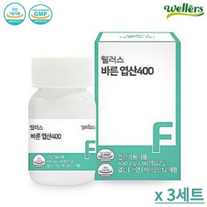 웰러스 바른 엽산 400 1병 2개월분 (No화학부형제 아연 비타민B) 3개, 3박스, 60정