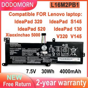 DODOMORN 노트북 배터리 Lenovo Ideapad 320 s145 520 130 V320 V1 L17L2PF1 L17M2PB7 L16S2PB2 L16M2PB3 L16C2P, 1개입