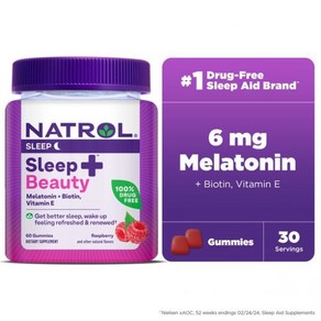 Natrol® Sleep+™ 뷰티 무함유 수면 보조제 피부 모발 손톱용 비오틴 비타민 E 라즈베리 맛 구미 60정