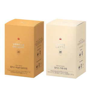 할리스 바닐라딜라이트 커피믹스 30T + 카페라떼 커피믹스 30T, 2개, 60개입, 19.5g