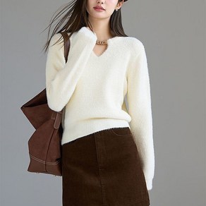 besteffie 여성 가을 겨울신상 브이넥 체인 장식 울 혼방 니트 스웨터 레트로 스타일 부드러운 무지 니트 K18