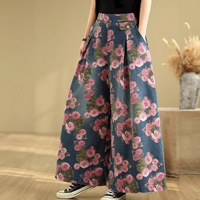 코카마니 여성 핑크 꽃무늬 뒷밴딩 핀턱 와일드 예쁜 청바지