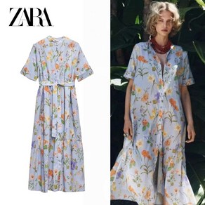 ZARA 자라 벨티드 플라워 프린트 롱원피스