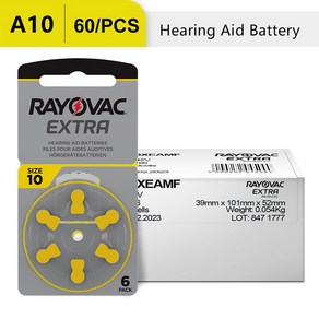 보청기용 배터리 RAYOVAC EXTRA 10 아연 공기 1.45V 성능 PR70 60PCs/10 카드, A10, 1개