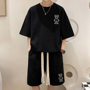 스몰더 남성 오버핏 베어 와플 반팔 트레이닝 세트 [1805]